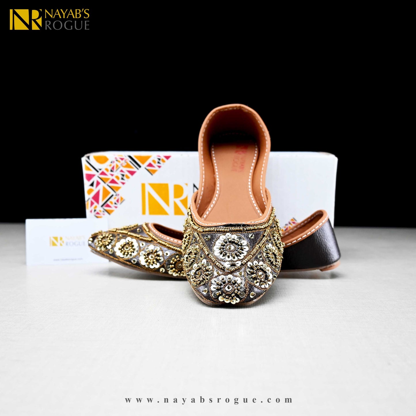 Fancy Khussa with moti and sitra work - golden brown