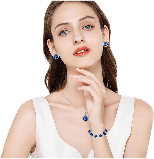 Yuemei Women's Jewelry Set: Necklace, Earrings, Bracelet. Blue, Heart-shaped, Simple