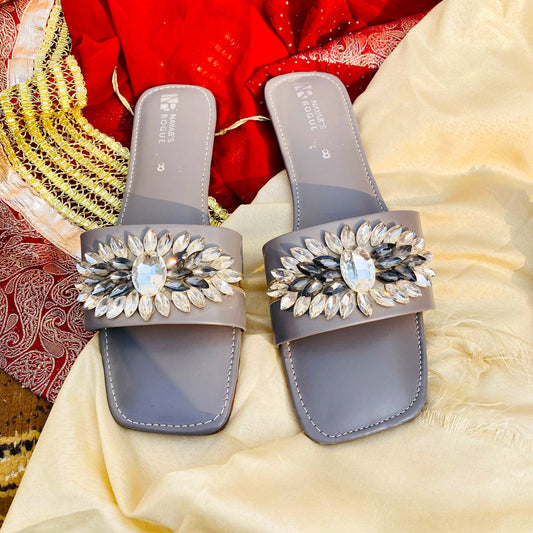 Flat Diamante Sliders with Soft Jelly Sole