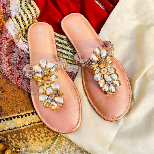 Flat Diamante Sliders with Soft Jelly Sole - Peach