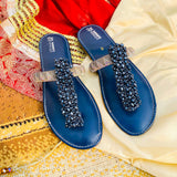 Flat Diamante Sliders with Soft Jelly Sole - Dark Blue