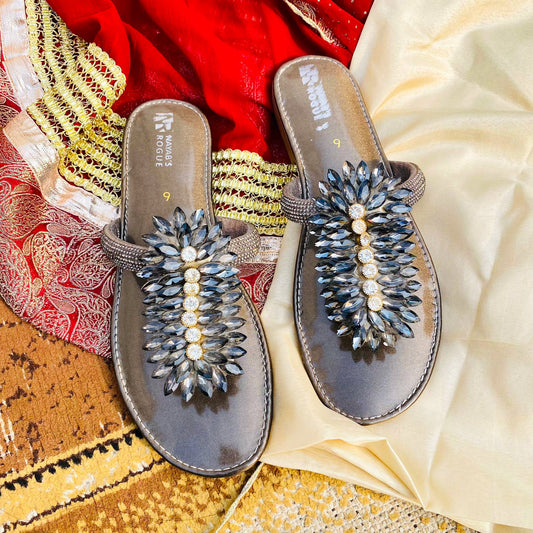 Flat Diamante Sliders with Soft Jelly Sole - Grey