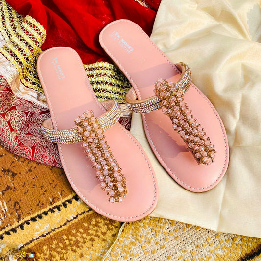 Flat Diamante Sliders with Soft Jelly Sole - Peach Pink