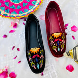 Velvet Flat Pumps Shoes with Beautiful Multi Embroidery