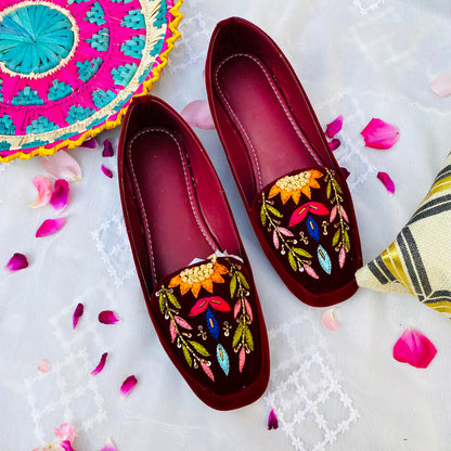 Velvet Flat Pumps Shoes with Beautiful Multi Embroidery