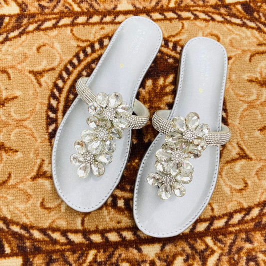 Flat Diamante Sliders with Soft Jelly Sole - Silver