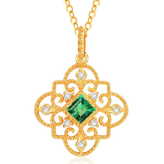 Gold Color Africa Green Crystal Pendant Necklace Flower Hollow Pattern Birthday Gift (SSMP0209)