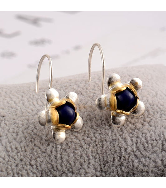Sterling Silver Flower Earrings with Blue Stone