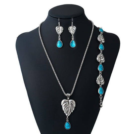 Turquoise leaf necklace, earrings, and bracelet set (SSMP0105)