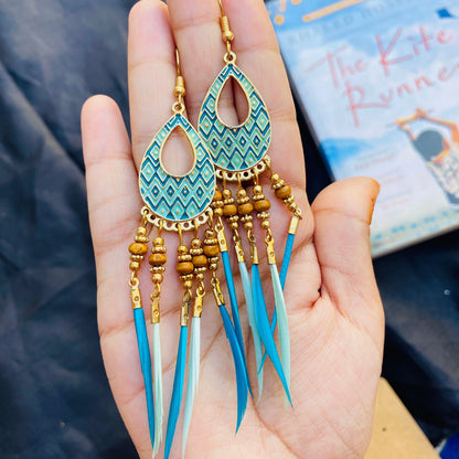 Blue Feather Vintage Bohemian Fringed Earrings Water Drops Alloy Earrings Wood Beads Earrings Boho Indian Jewelry