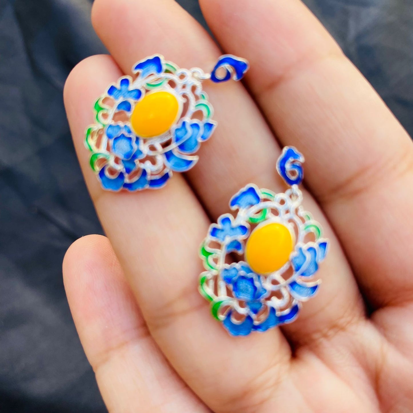 Blue and Yellow Flower Drop Earrings