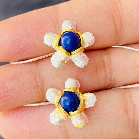 Sterling Silver Flower Earrings with Blue Stone