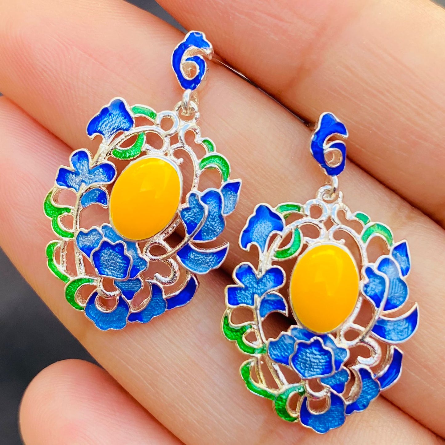 Blue and Yellow Flower Drop Earrings