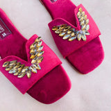 Fancy Velvet Flat Sliders with Soft Padding and Jelly Sole - Skin and Maroon (5486)