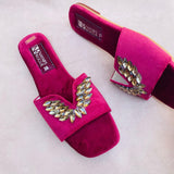 Fancy Velvet Flat Sliders with Soft Padding and Jelly Sole - Skin and Maroon (5486)