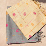 Hand-Woven Pure Wool Shawl in Grey and Golden Peach with Colorful Embroidery