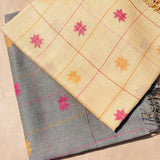 Hand-Woven Pure Wool Shawl in Grey and Golden Peach with Colorful Embroidery