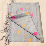 Hand-Woven Pure Wool Shawl in Grey and Golden Peach with Colorful Embroidery