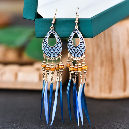 Blue Feather Vintage Bohemian Fringed Earrings Water Drops Alloy Earrings Wood Beads Earrings Boho Indian Jewelry
