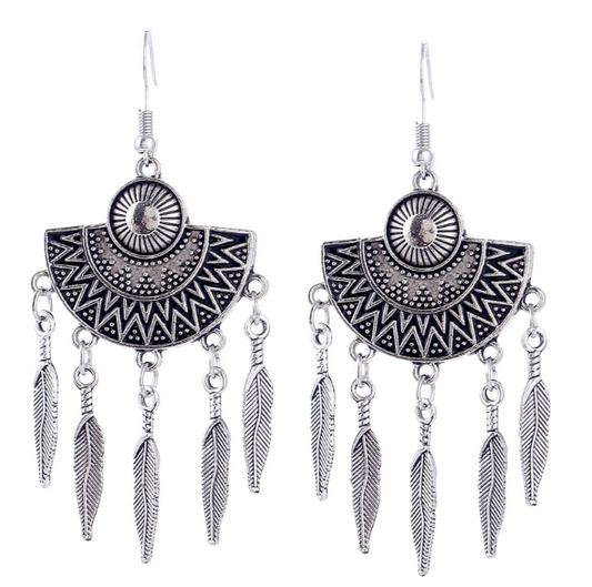 Trendy Ethnic Gypsy Vintage Drop Dangle Leaf Tassel Earrings For Women Jewelry Black Enamel Long Statement Fashion Earrings