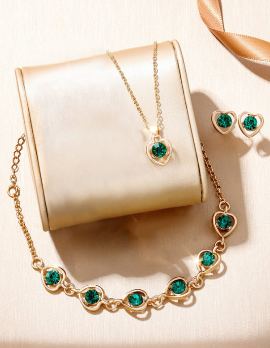 Yuemei Women's Jewelry Set: Necklace, Earrings, Bracelet, Heart-shaped, Simple | Red, Green & White