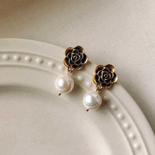 Vintage Flower Gold Filled Natural Freshwater Baroque Pearl Female Tassels Stud Earrings Jewelry Anti Allergy
