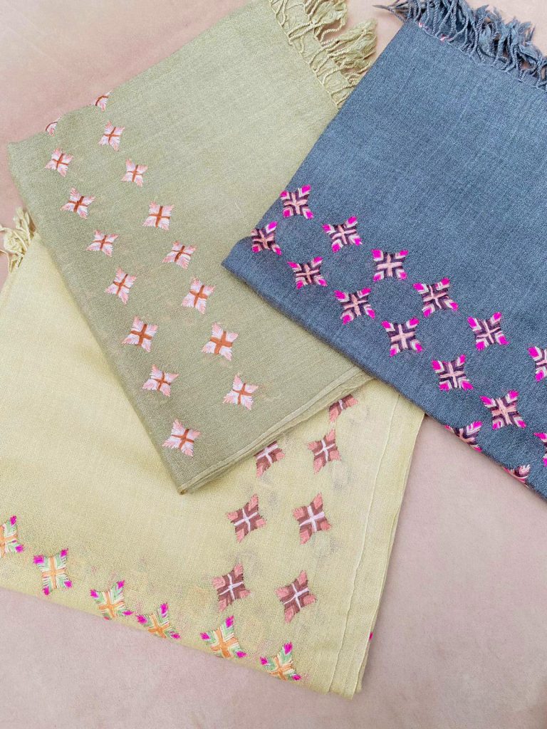 Shop our ​​Hand-Woven Wool Mini Shawl with Colorful Nagina Booti Embroidery