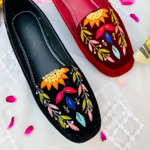 Velvet Flat Pumps Shoes with Beautiful Multi Embroidery