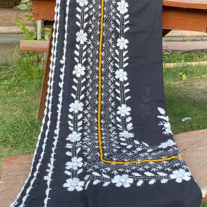 Handmade Embroidery Lawn Summer Full Shawl - Black with White Embroidery